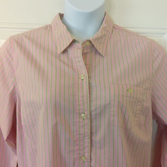 Old Navy perfect fit long sleeve pink and green stripe button front shirt. - Picture 2 of 15